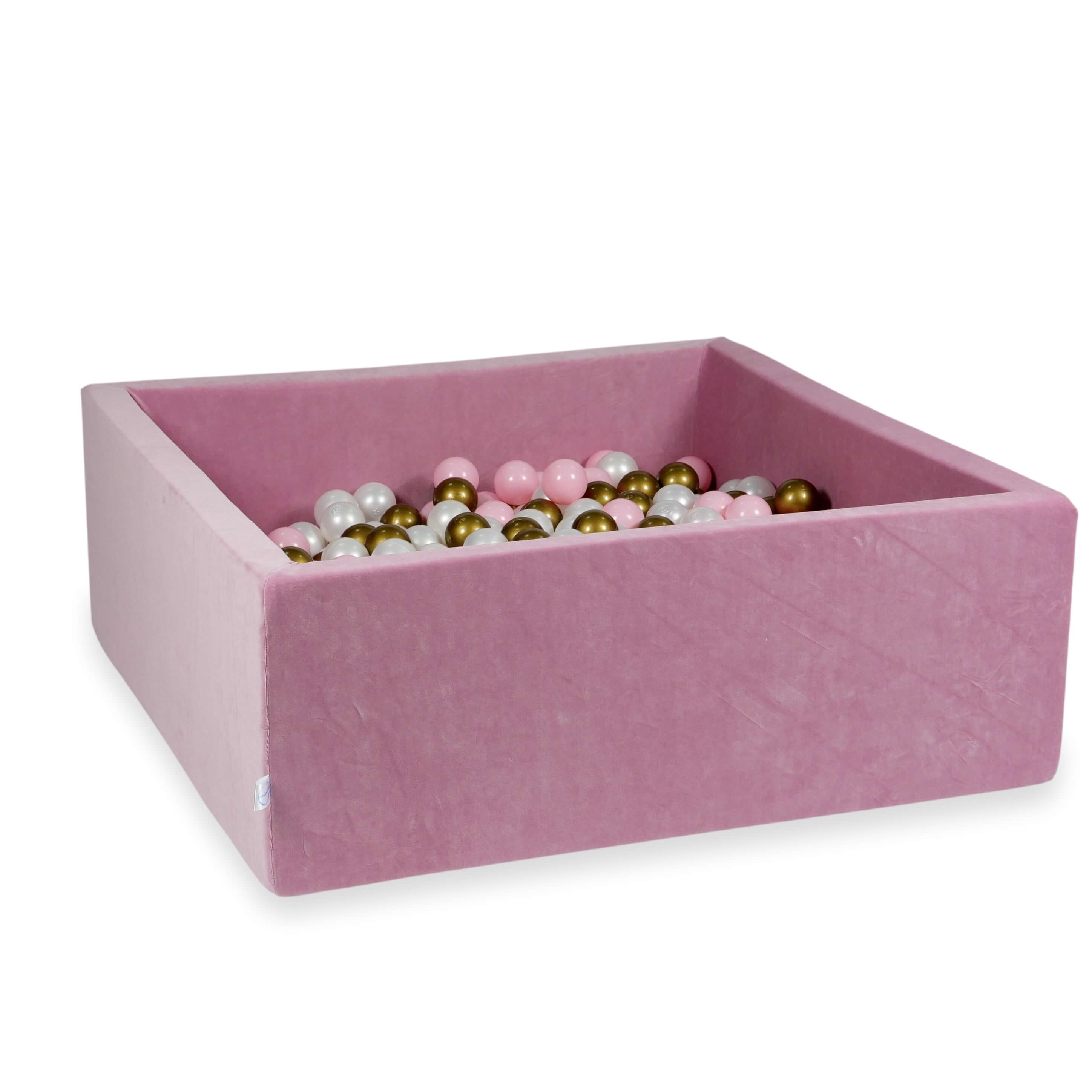 Square ball pit 110x110x40 cm in pink soft velvet, 600 balls