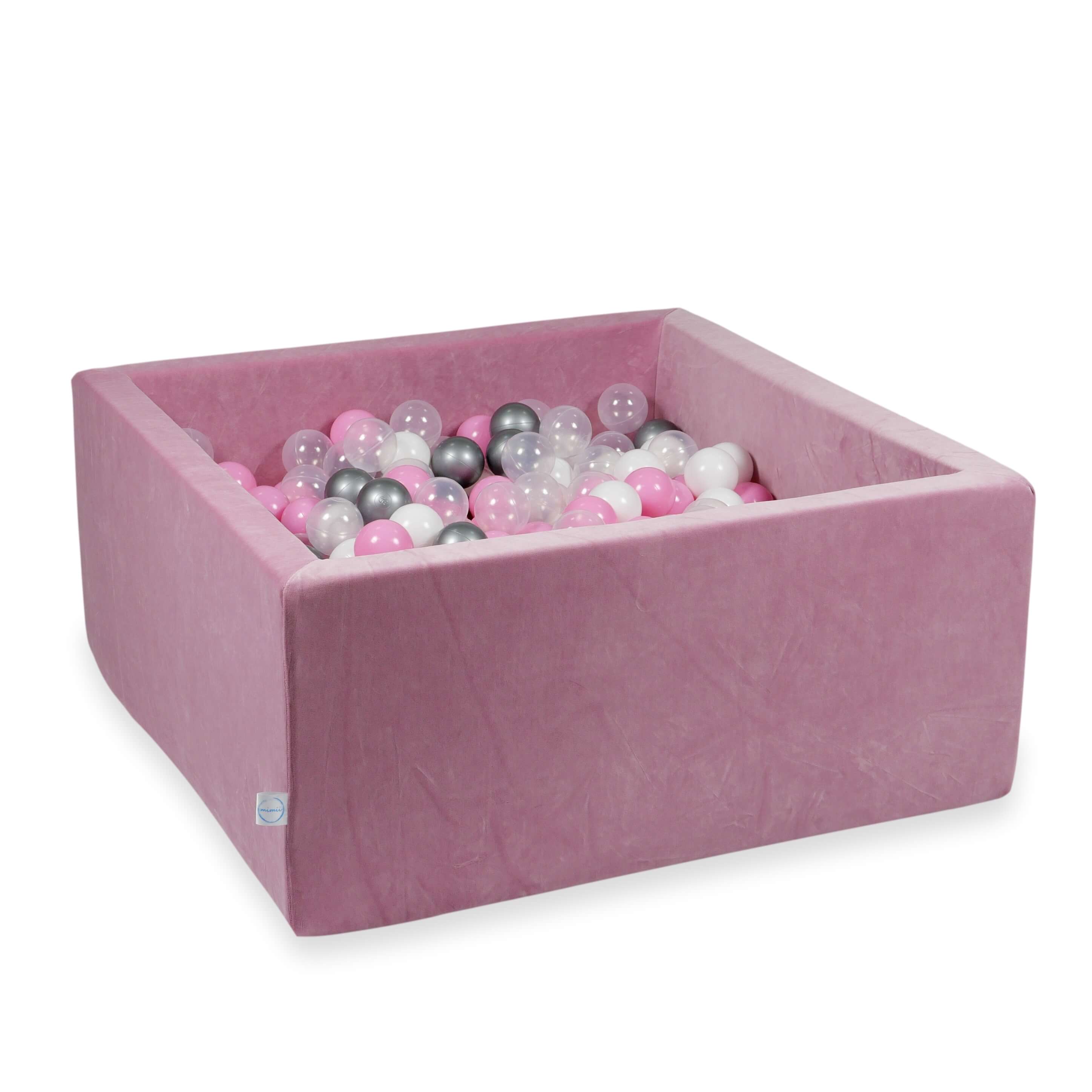 Square ball pit 90x90x40 cm in soft pink velvet, 400 balls