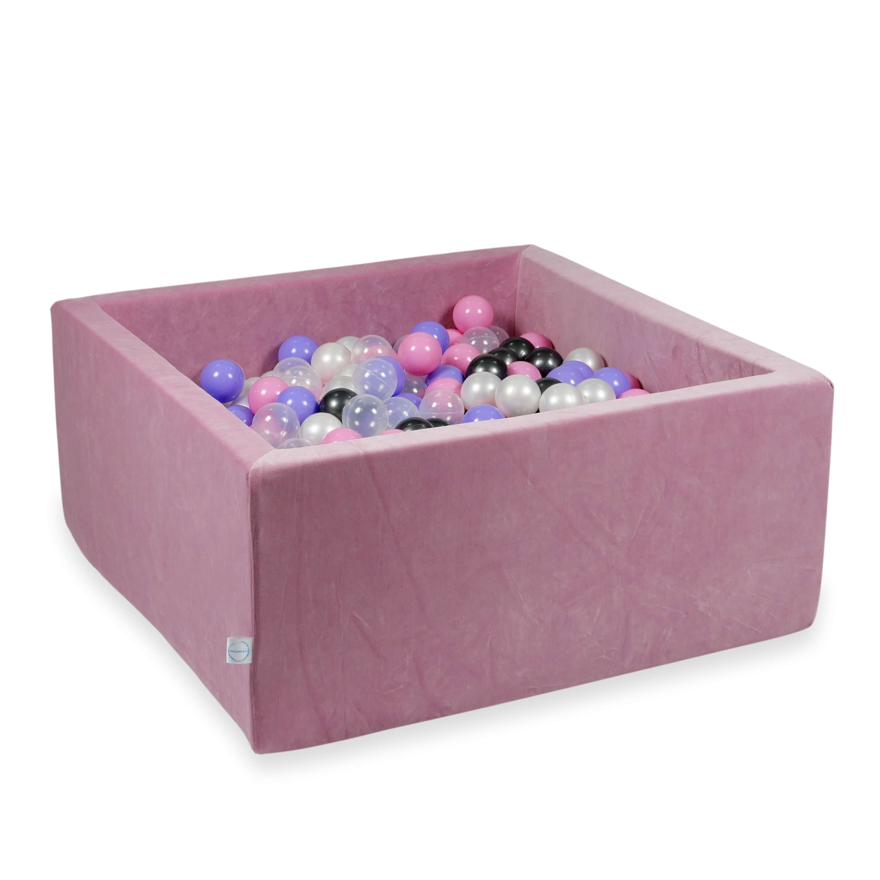 Square ball pit 90x90x40 cm in soft pink velvet, 400 balls