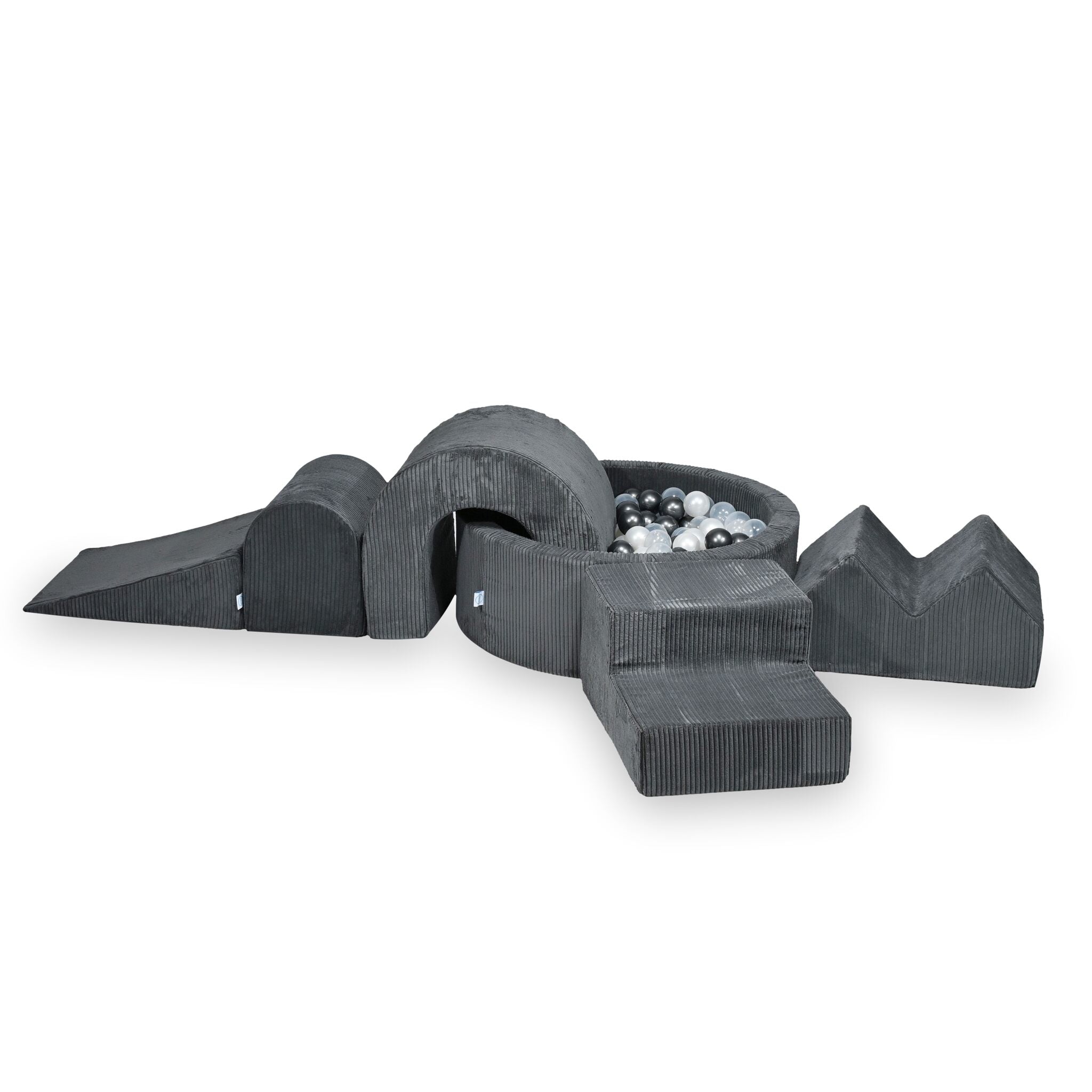 Foam play area with round pool 90x30 ribbed graphite + 5 elements + 200 balls