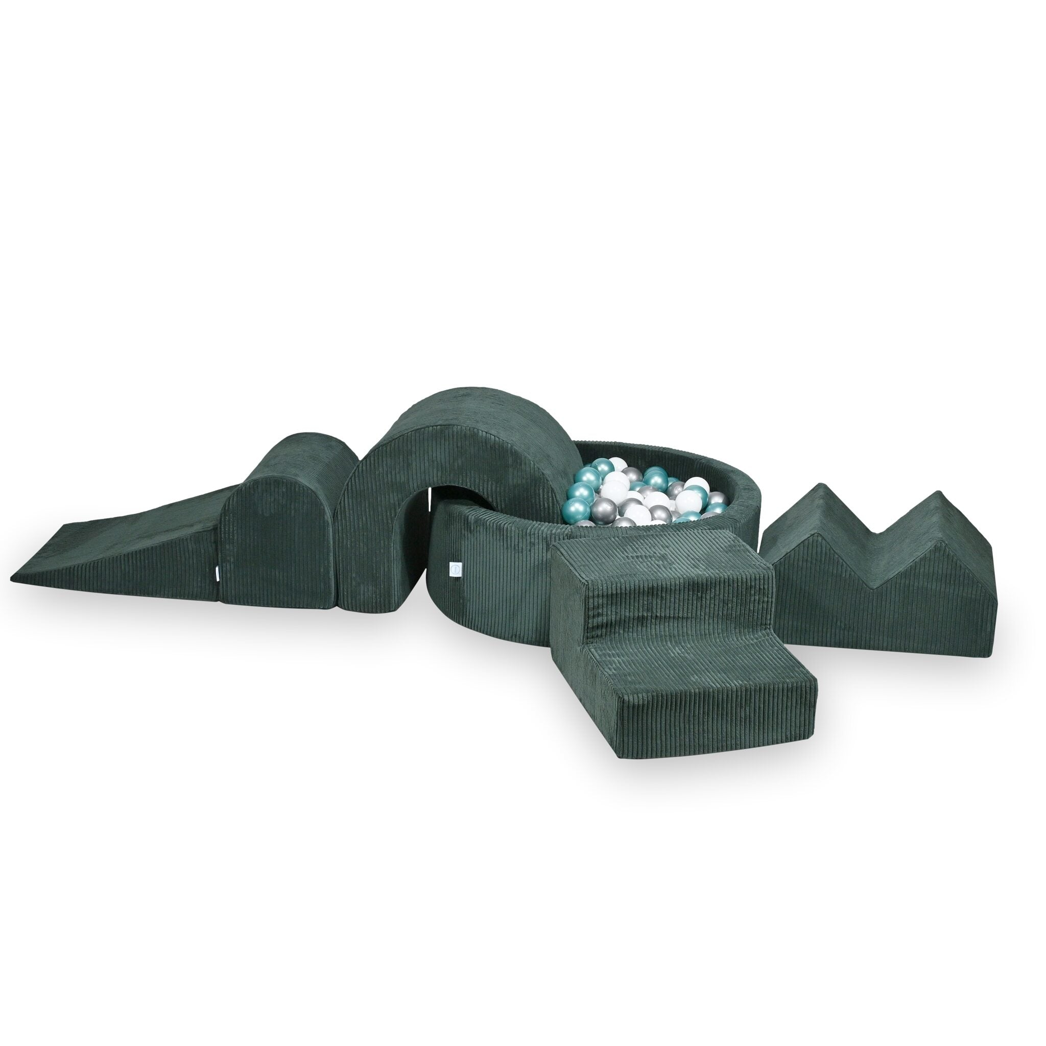 Foam play area with round pool 90x30 ribbed green + 5 elements + 200 balls
