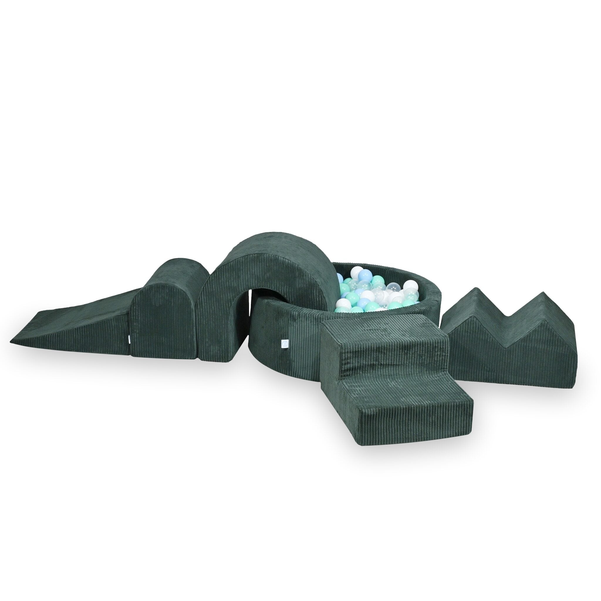 Foam play area with round pool 90x30 ribbed green + 5 elements + 200 balls
