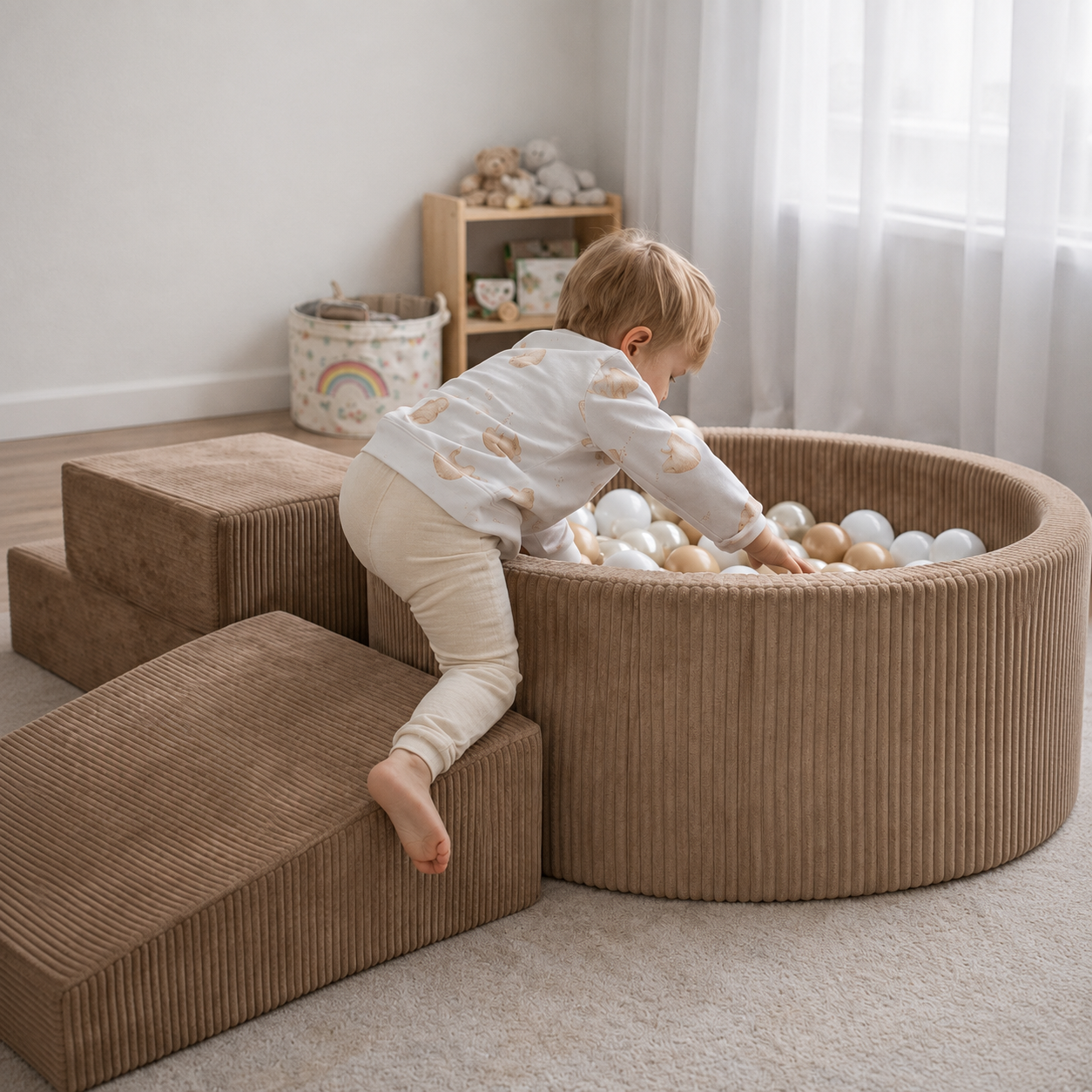 Foam playground with round pool 90x30 corduroy toffee +200 balls