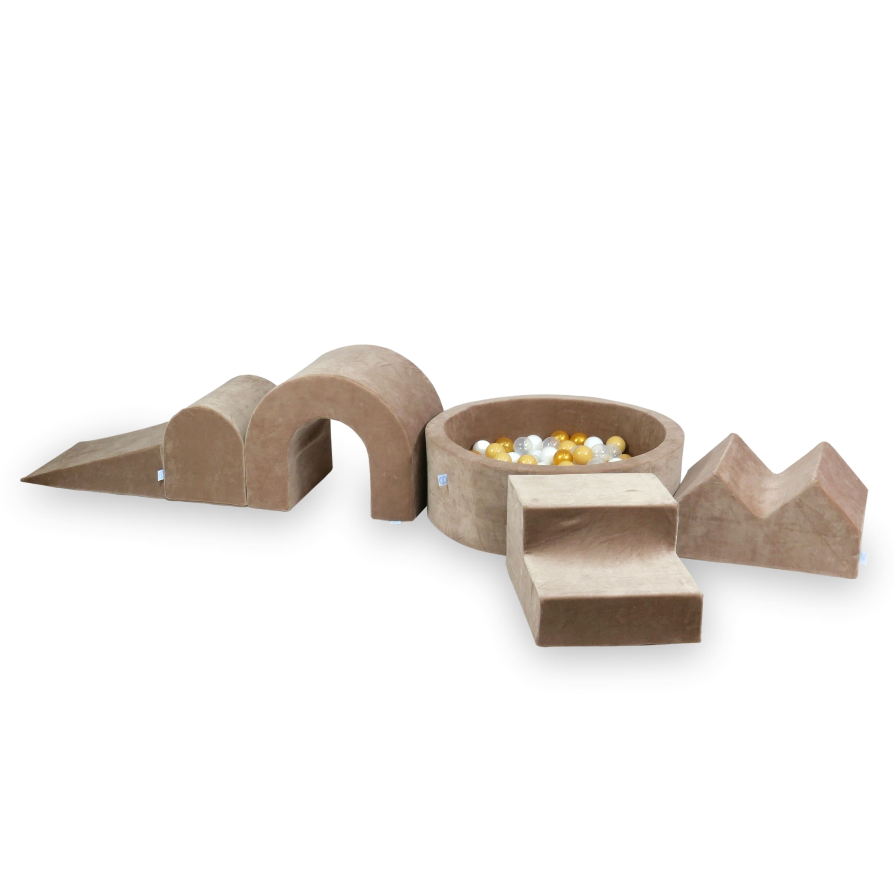 Foam play area with round pool 90x30 velvet soft brown + 5 elements + 200 balls